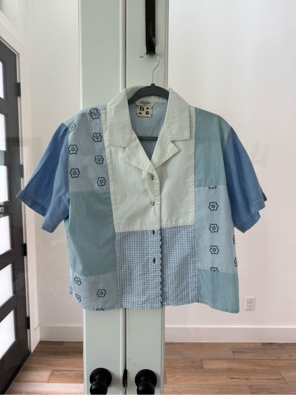Harper Sage Patchwork Light Blue & White Short Sleeve Button Shirt - Picture 2 of 6